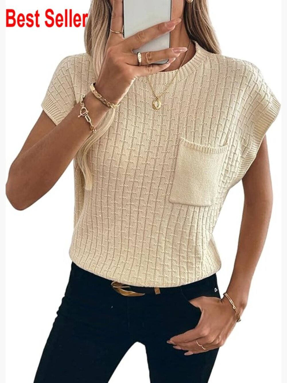 Cap Sleeve Oversized Crewneck Lightweight Knit Sweater Vest - Summer Tops